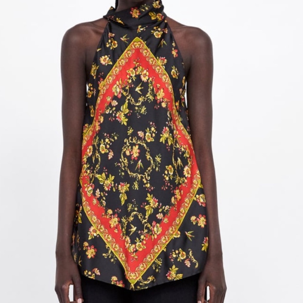 ZARA printed floral silk satin halter top